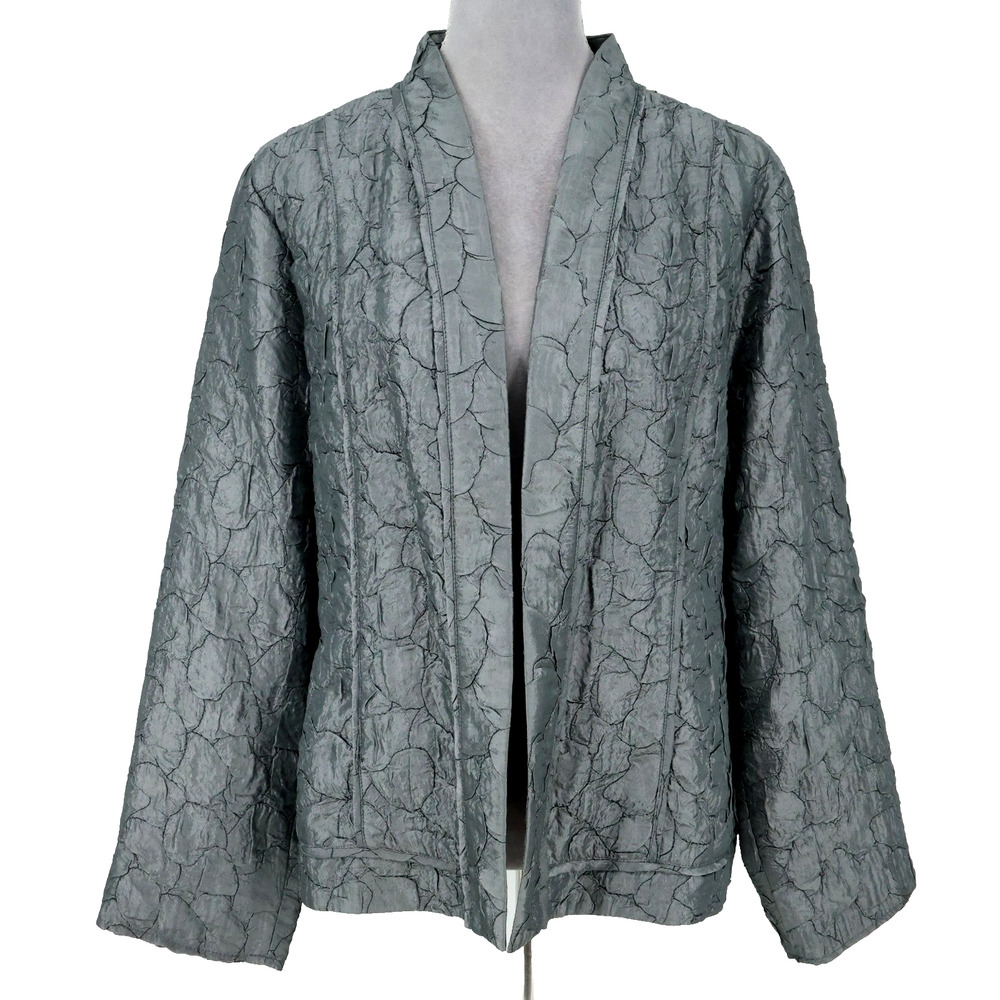 Chicos Jacket 3 Womens 16 XL Silver Gray Crinkle Fabric Open Lined Oversized